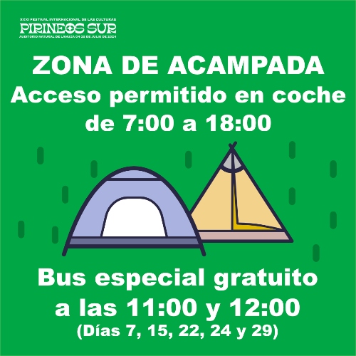 Infografía sobre el acceso e la zona de acampada de Pirineos Sur 2024.